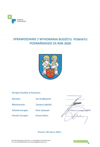 Strona tytułowa sprawozdania z wykonania budżetu Powiatu Poznańskiego za rok 2020